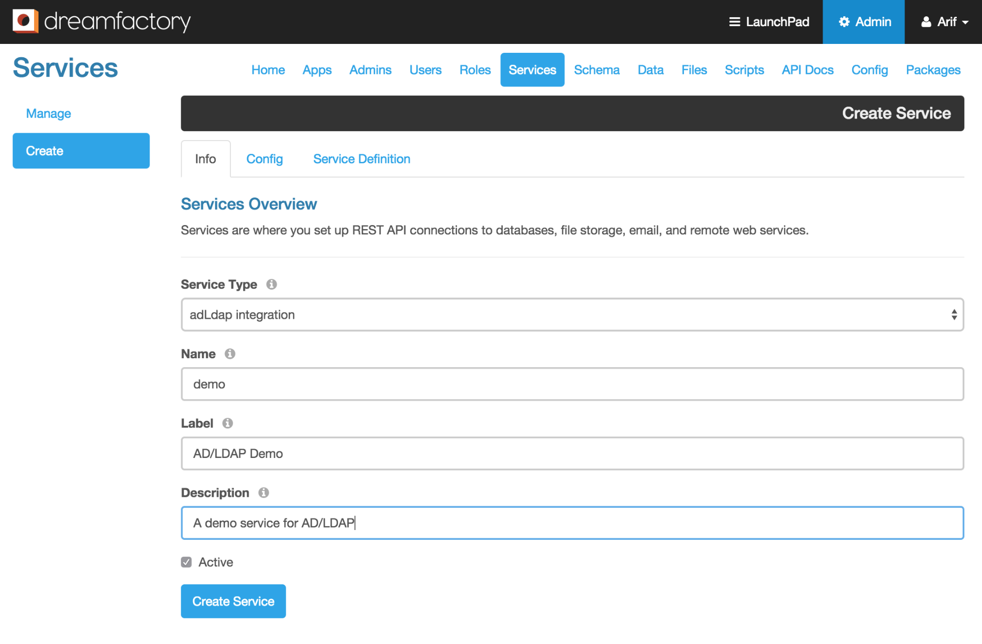 Create services screenshot