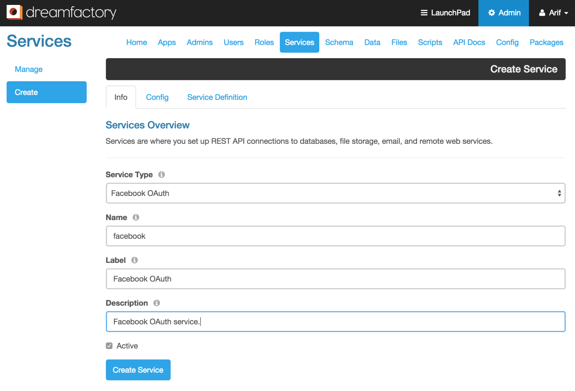 Create services screenshot